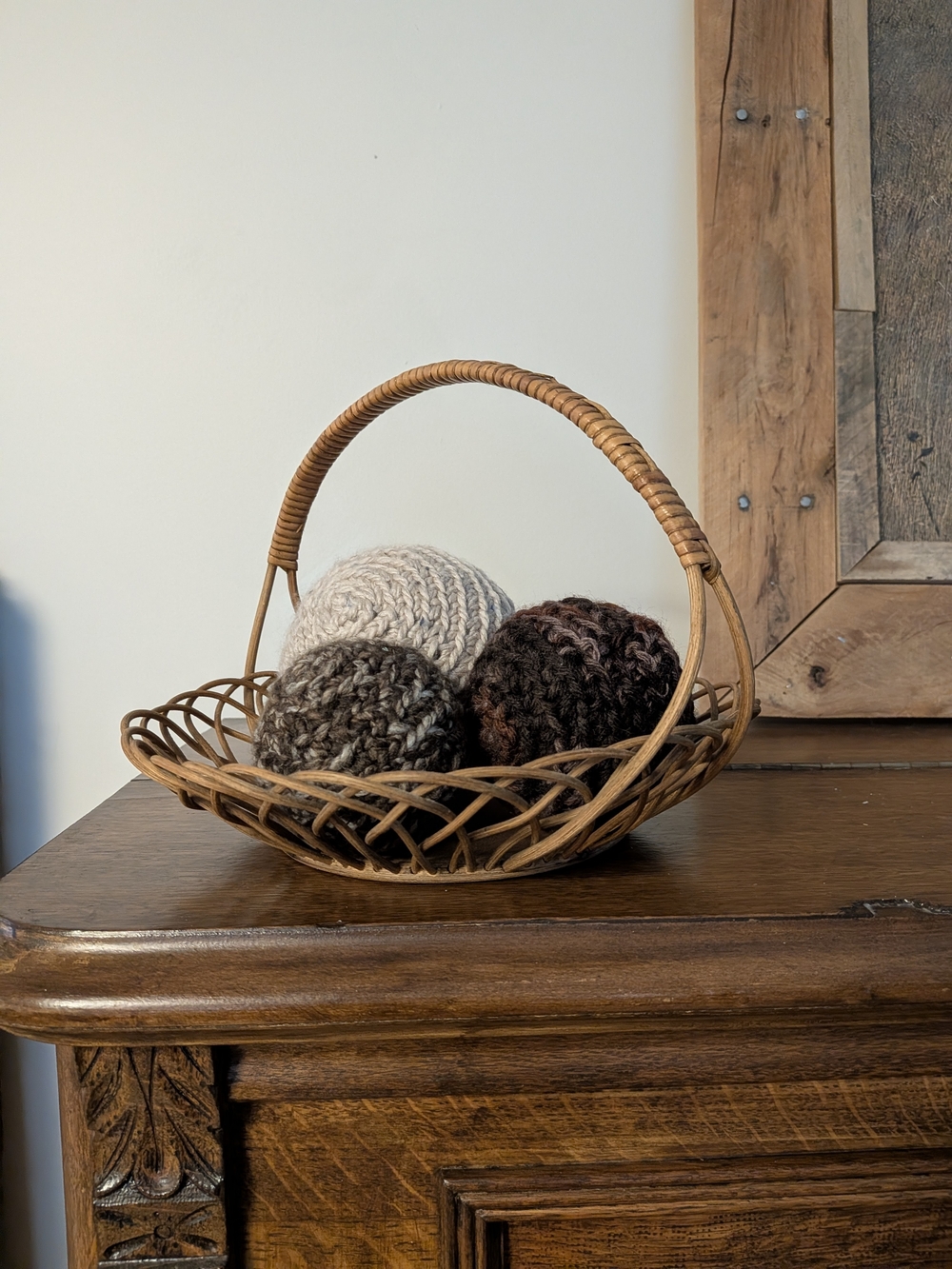 Hand Knit Decorative Yarn Balls Rustic Woven Basket Fillers Neutral Tone